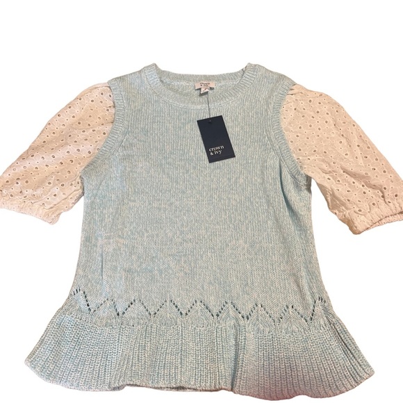 crown & ivy Tops - NWT Crown & Ivy knit sweater vest shirt w/ attached eyelet lace puff sleeves Sm